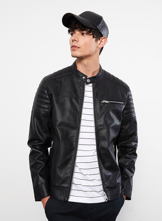 Slim Fit Stand Collar Men's Leather Look Coat